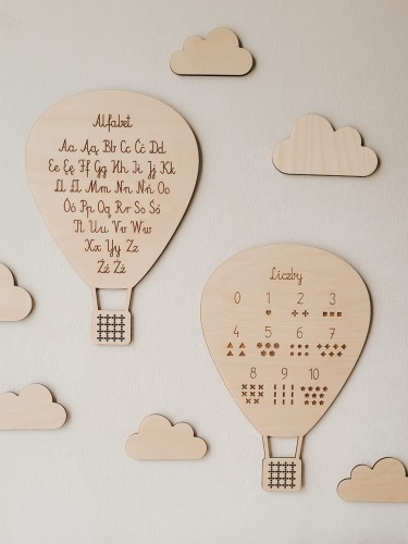 Drewniany ALFABET balon z chmurkami